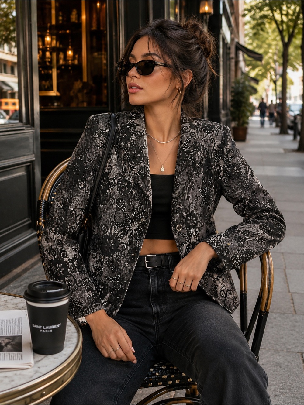 Harve Benard Black & Silver Floral Jacquard Blazer